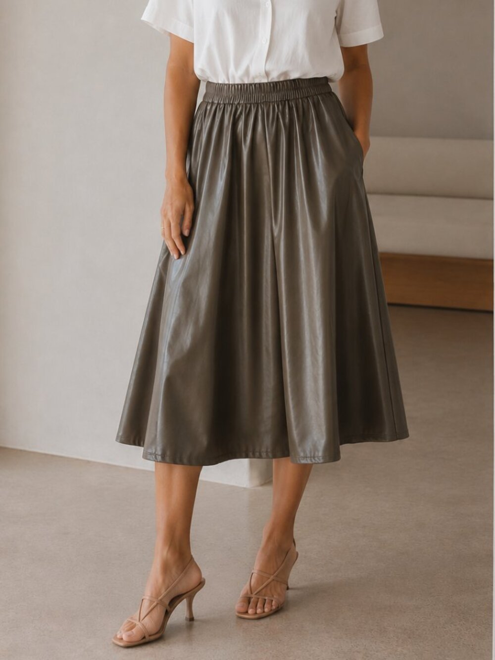 NEW A New Day Leather Pleated Brown A-Line Midi Skirt For Fall Season Outfits XS